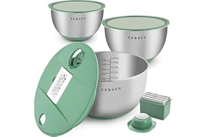 VEKAYA Mixing Bowls with Lids Set, 1.5/3/5QT Stainless Steel Mixing Bowls Set with 5 Grater Attachments,Measurement Marks & Non-Slip Silicone Bottom,Great for Mixing, Baking, Prepping