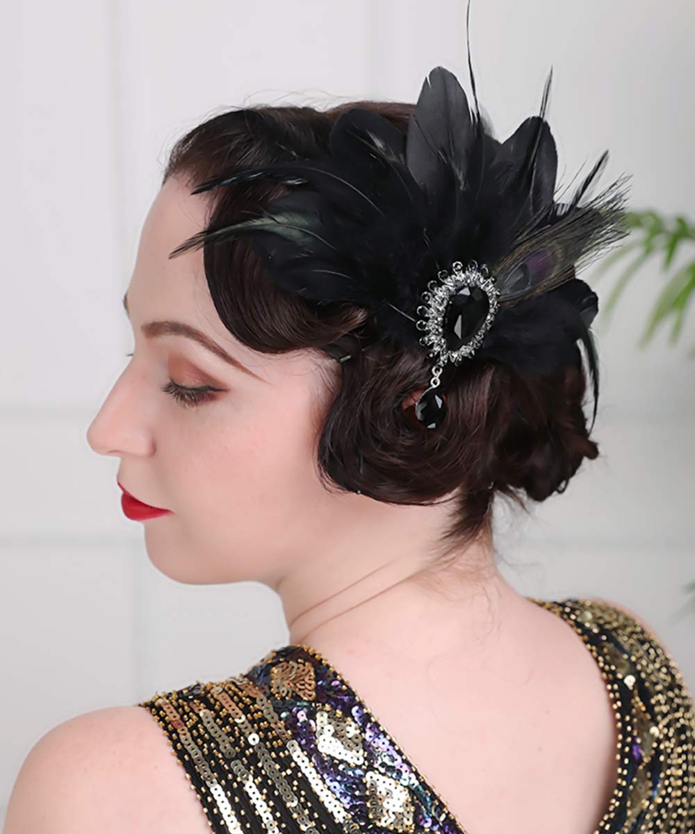 Anglacesmade 1920s Headpiece Black Feather Hair Clip with Crystal Teardrop Roaring 20s Flapper Costume Masquerade Hair Jewelry for Women