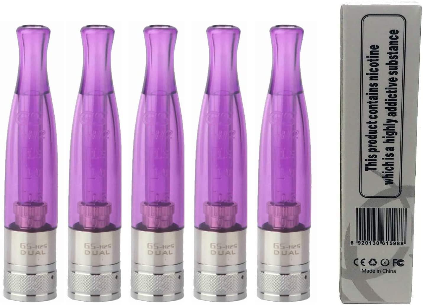 FOXFIVES Genuine GS H2S Dual Coil Clearomizers, Individually Boxed, Fitted with a 2.0ohm 1.5ML Dual Coil Without Nicotine or Tobacco Empty Device- Purple