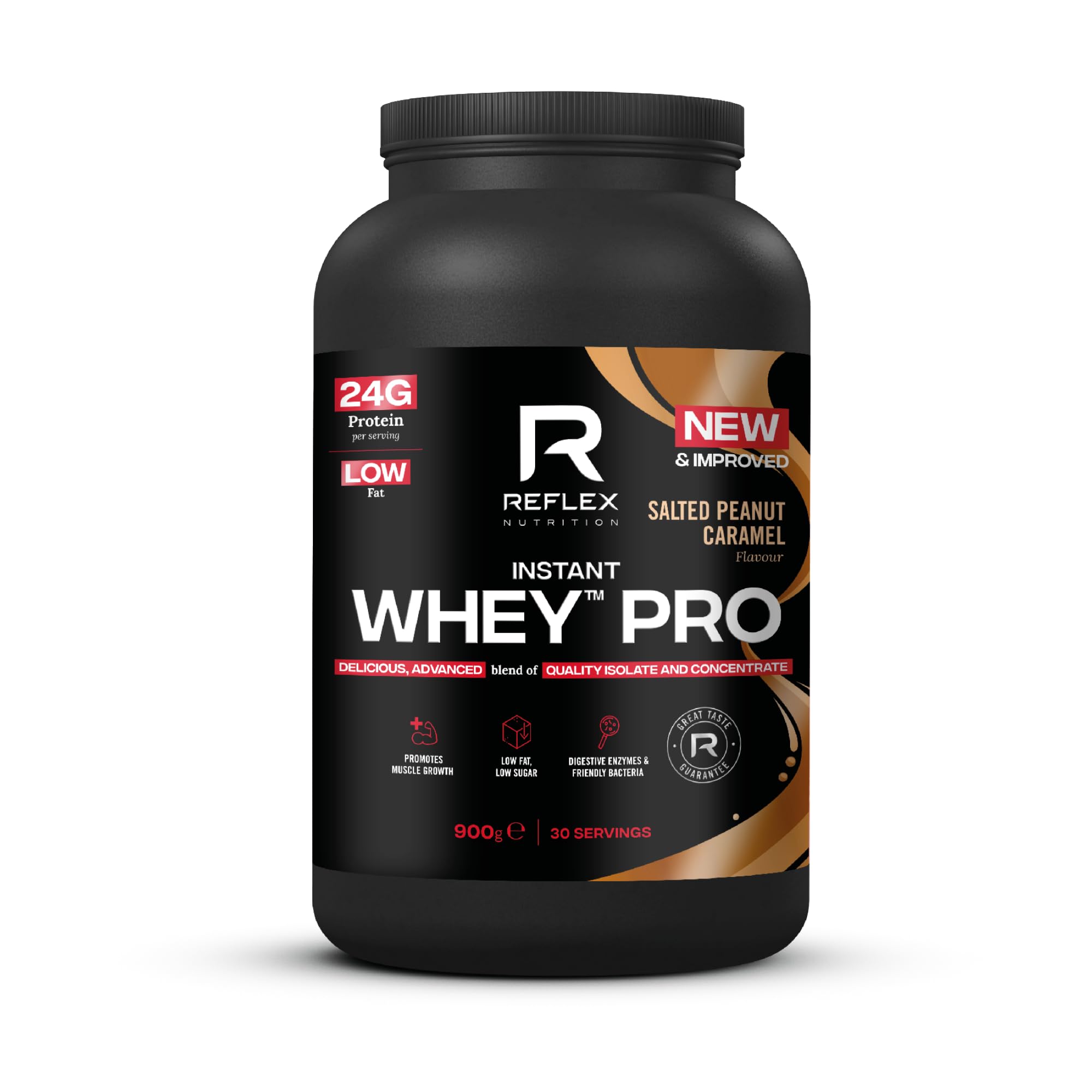 Reflex Nutrition Instant Whey™ Pro - 80% Whey Protein Powder - Low Fat - Thin Textured Protein Shake for Post Workout Muscle Growth or Tasty Protein Snack (Salted Peanut Caramel, 900g, 30 servings)