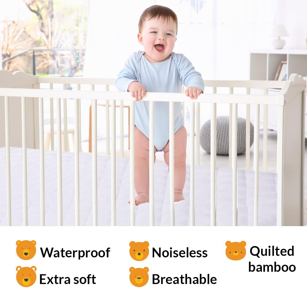 PlushDeluxe Crib Mattress Protector 100% Waterproof, Hypoallergenic, Without Vinyl – Bamboo Quilted Ultra Soft White Terry Fitted Sheet Style: Home & Kitchen