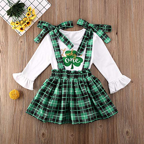 Infant Toddler Baby Girl St. Patrick's Day Outfits Long Sleeve Ruffled T Shirt Top Suspender Skrits Overall Clothes Set (Green, 4-5 Years)