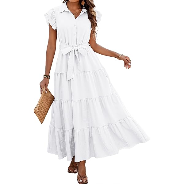 GLIGET Dresses for Women 2024 Shirred Ruffle Hem A Line Maxi Dress (Color :  Baby Blue, Size : X-Small) at Amazon Women's Clothing store