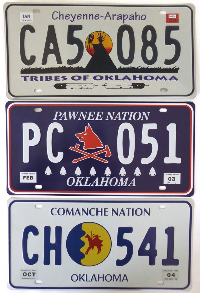 - Set of 3 metal USA car LICENSE PLATES - replicas of real OKLAHOMA American plates