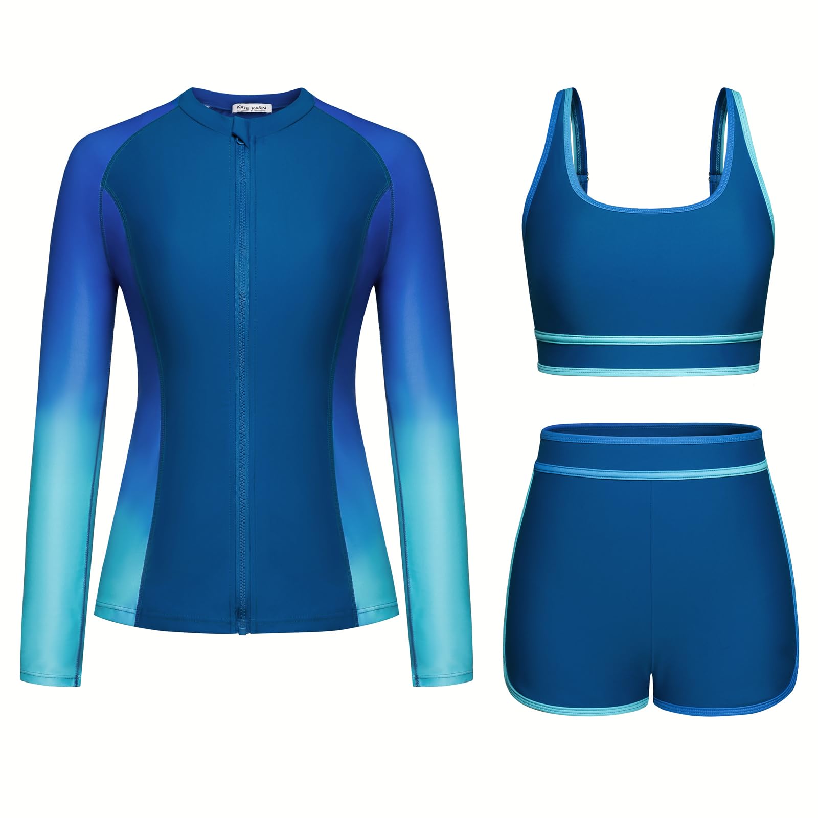 Photo 1 of Kate Kasin 3 Piece Swimsuits for Women UPF 50+ SPF and UV Protection Clothing Long Sleeve Shirts for Women Swimwear Blue Gradient XL