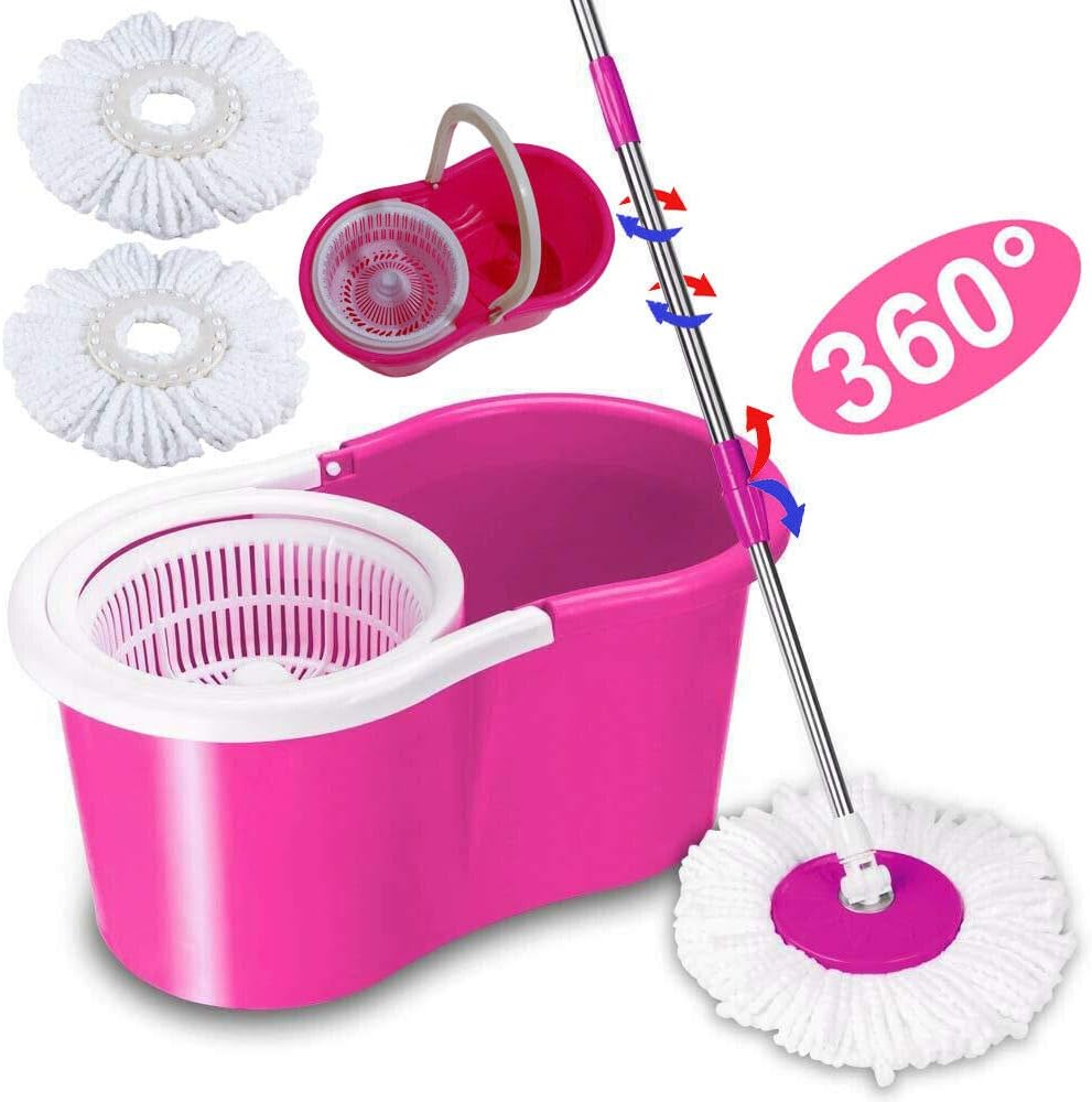 Easy Wring Microfiber Spin Mop & Bucket Floor Cleaning System - 360° Rotation -2 Extra Refills (Pink)