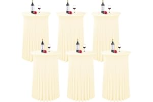 FANI 6 Packs 32"x 43" Round Cocktail Table Skirt,Spandex Stretch Cocktail Tablecloth with Wavy Drapes, Spandex Fitted High Top Table for Bar Party Banquet Wedding Birthday Table(Beige)