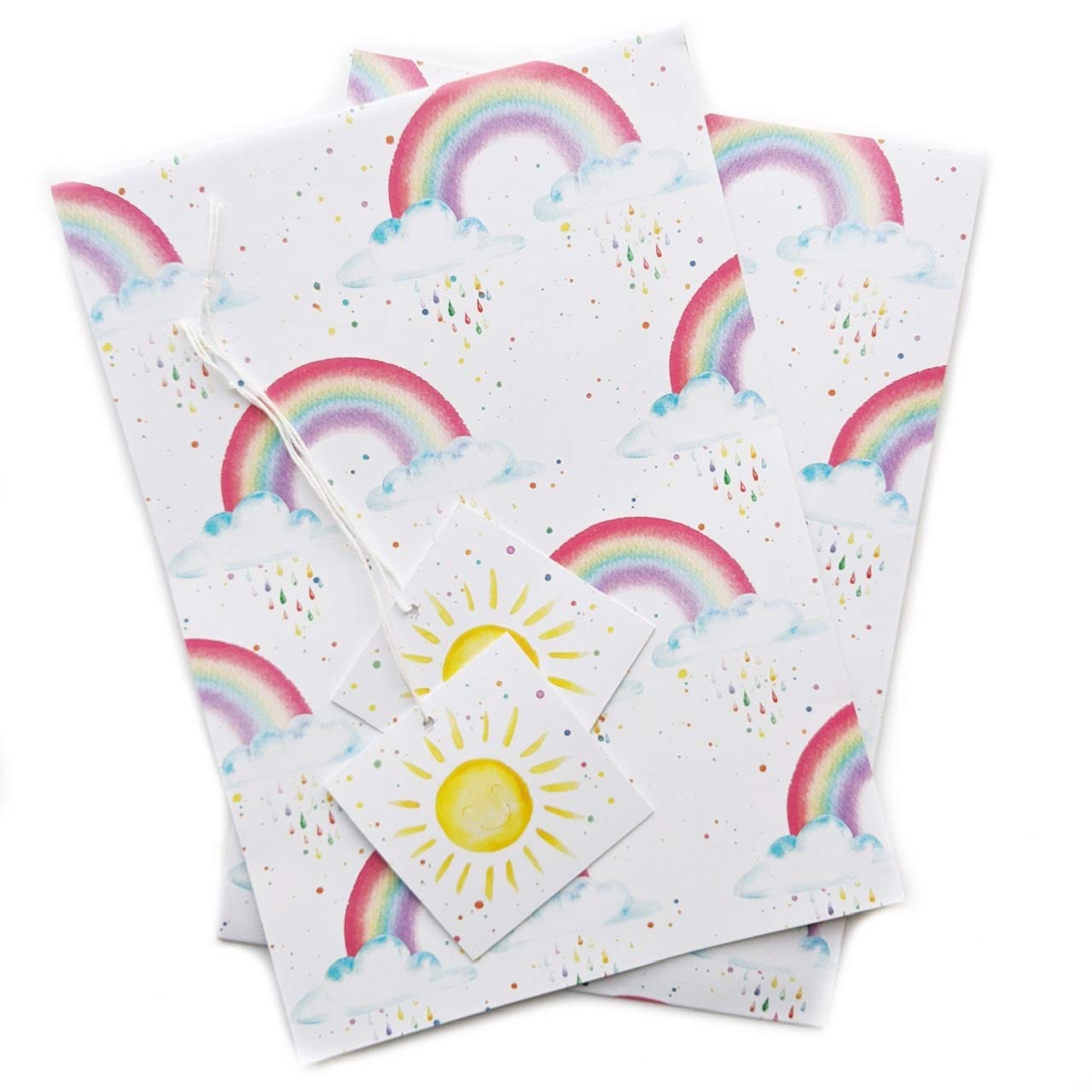 Rainbow and raindrops gift wrapping, 2 sheets of wrap and 2 strung tags