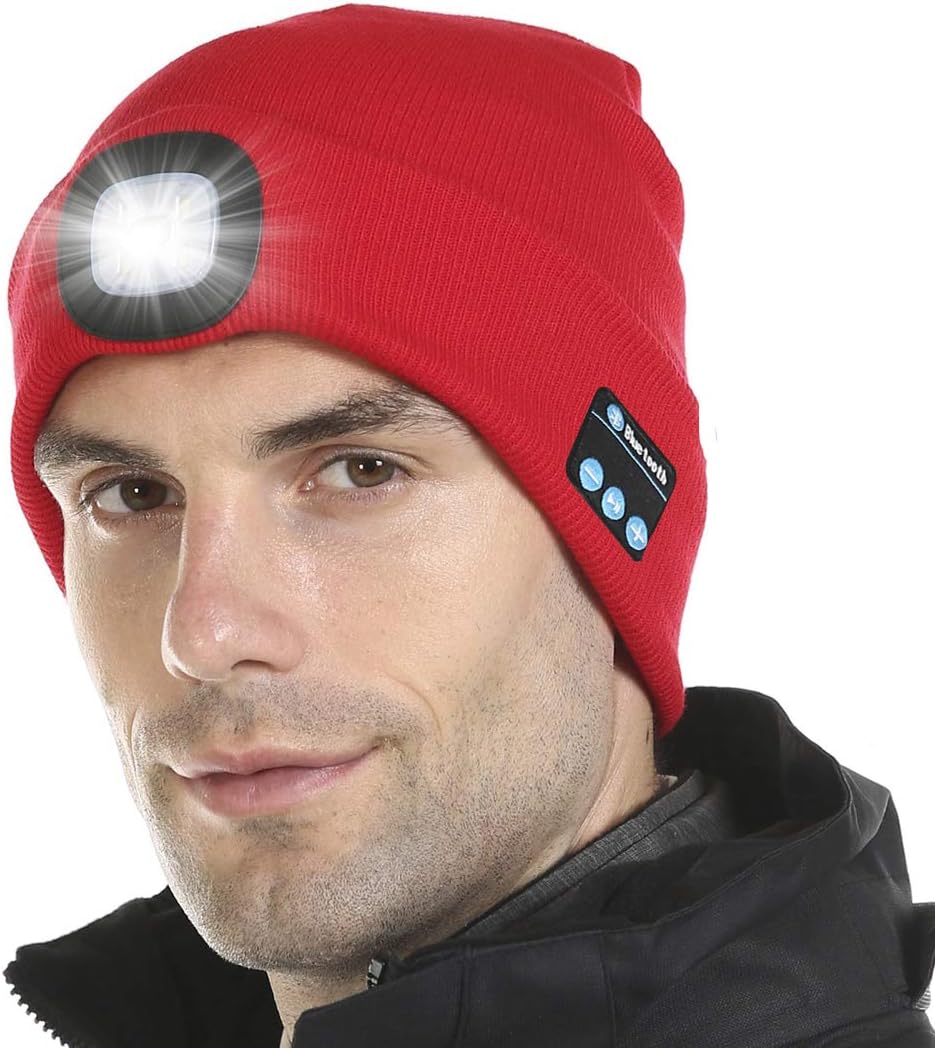 Tutuko Bluetooth 5.0 LED Beanie Hat, Built-in Stereo Speakers & Mic, USB Rechargeable LED Lighted Knit Cap, Unisex Christmas Gifts for Men, Women, Teens, Warm Hat (Red)