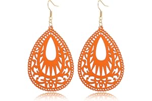 ONLYJUMP Handmade Bohemian Geometric Wood Earrings for Women Vintage Bohemian African Nature Wooden Earrings Lightweight Hollow Teardrop Ethnic Fashion Statement Earring