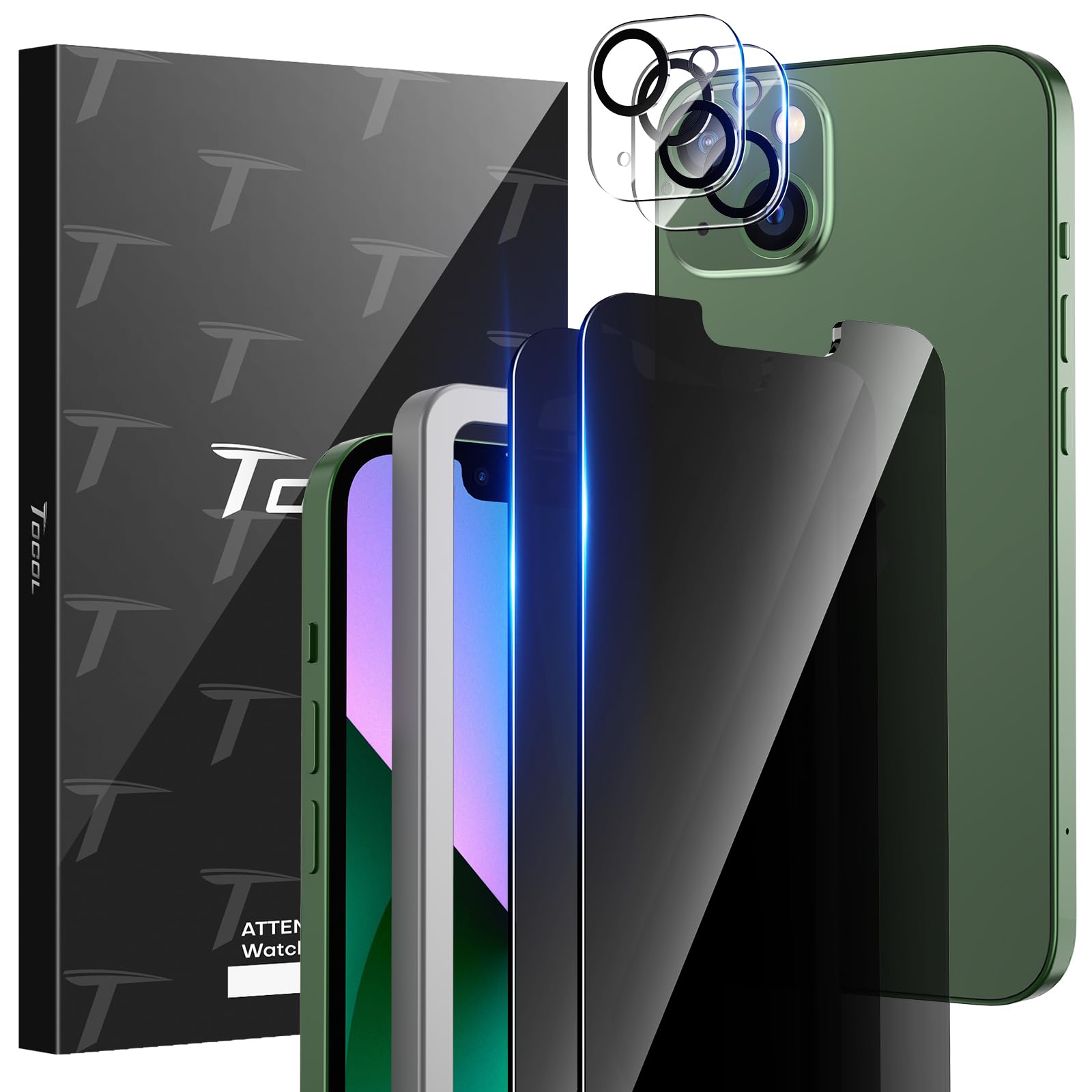 TOCOL [2+2 Pack Fit for iPhone 13 6.1'' - Privacy Tempered Glass Screen Protector and Camera Lens Protector, Bubble Free, Case Friendly, Easy Installation Frame