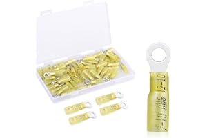 DUOGALIA 50 Pack Heat Shrink Ring Terminals - #10 - Yellow 12-10 AWG Marine Grade Heat Shrink Wire Connectors - Tinned Red Copper Eyelet Wire Connectors