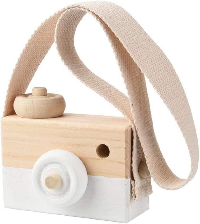 TUANTUAN 1 Pcs Mini Wooden Camera Toy Photography Prop Christmas Toy with Neck Strap for Children Room Hanging Decor,White