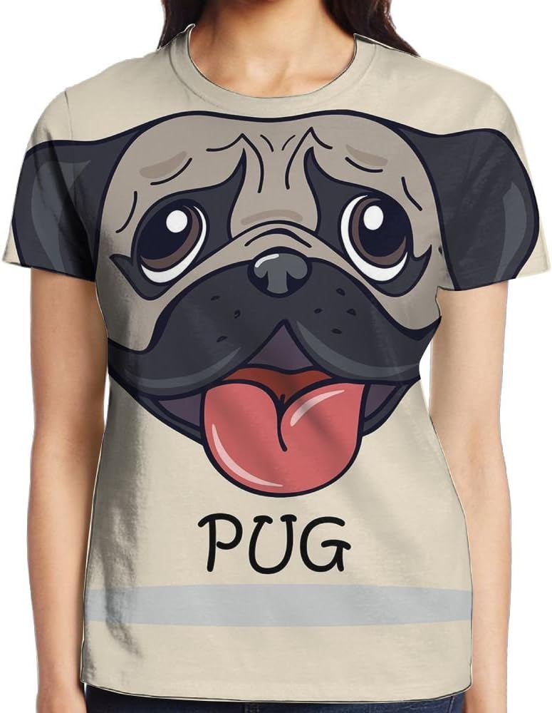 WuLion Cartoon Pug Dog Caricature with Its Tongue Out Happy Face Animal Fun Illustration Decorative Women's Comfortable Short Sleeve T Shirt