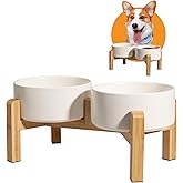 Elevated Ceramic Dog Bowl Set - Raised Dog Bowls with Non-Slip Bamboo Stand - Dog Food and Water Bowl Set - Double Dog Feeding Bowls - Suitable for Small and Medium Dogs - 28.74 OZ - 3.6 CUPS - 850 ML