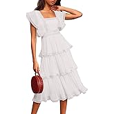 ETCYY Women's Summer Ruffle Dress Tiered Layed Chiffon Lace Short Sleeve Boho Floral Print Party Wedding Guest Maxi Dresses