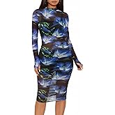 Women's 3 Piece Sexy Mesh Bodycon Dress Set - Long Sleeve Floral Ruched Sheer Midi Dress with Matching Cami and Shorts