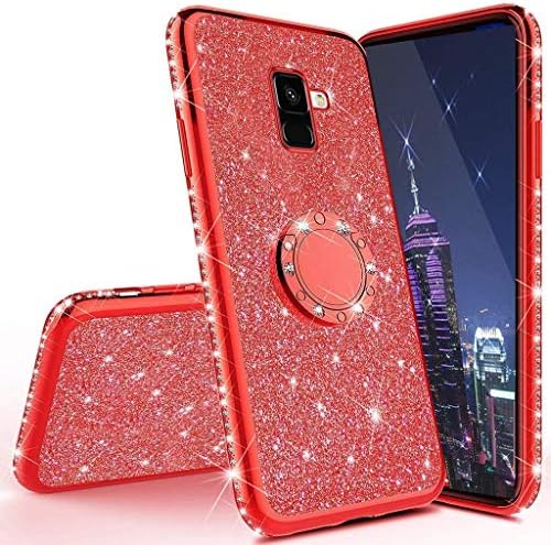 Hnzxy Galaxy A6 Plus 2018 Case Cover,Bling Rhinestone Diamond Glitter Rubber Plating Silicone TPU with 360°Ring Stand Holder Soft TPU Bumper Cover Case for Samsung Galaxy A6 Plus 2018,Red