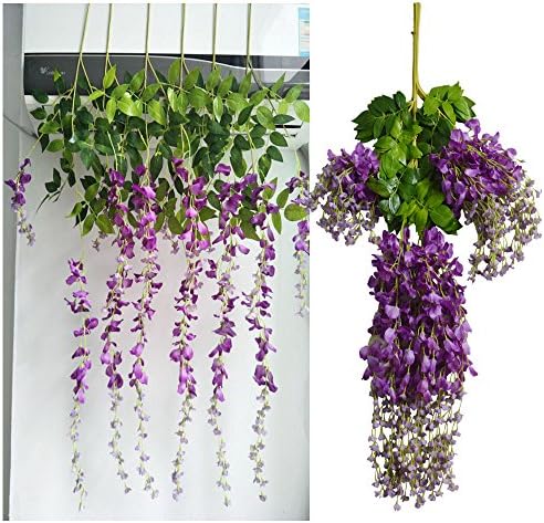 Heybee 12 Piece Artificial Silk Wisteria Vine Rattan Hanging Flower for Fairy Romantic Wedding Décor, Dark Purple
