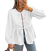 Tankaneo Womens Long Sleeve Babydoll Tops Tie Front Blouses Peplum Cute Flowy Shirts