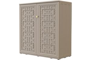 HOMSPARK Medium Resin Storage Cabinet Waterproof, 60-Gallon Indoor & Outdoor Deck Box for Garden Tools, kitchen Accessories, with 1 Laminate Shelf, (34 in. L x 15 in. W x 36 in. H, Coffee)