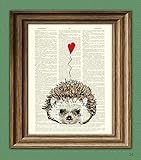 I Love You Valentine HEDGEHOG with heart print over an upcycled vintage dictionary page book art
