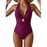 Aidonger Women's One Piece Swimsuit Sexy Halter V Neck Bathing Suit Tummy Control Ruched Metal Swim Suit