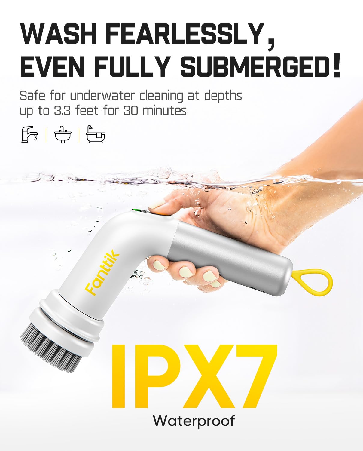 Fanttik G9 Handy Cordless Electric Spin Scrubber, MagnaStorm Motor, Dual-Speed, 5 Brush Heads, LED Display, IPX7 Waterproof, 2500mAh with Type-C Charging, for Kitchen, Sink, Tile, Stove- White