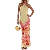 GORGLITTER Women's Floral Maxi Dress Boho Fishtail Halter Tie Backless Bodycon Wedding Guest Party Beach Sun Dresses