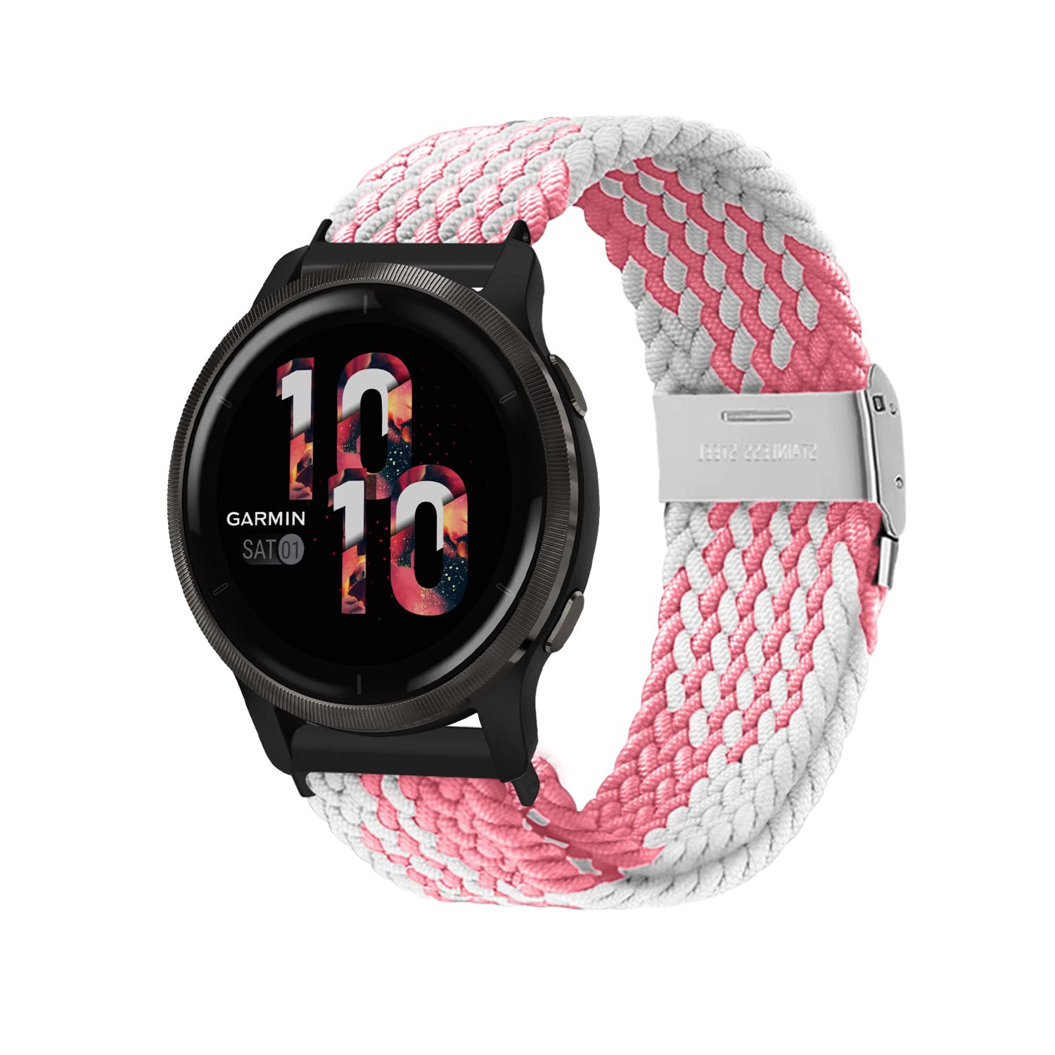 Niboow 22mm Strap for Garmin Venu 3/Venu 2/Vivoactive 4/Forerunner 265/Forerunner 255/Forerunner 255 Music, Elastic Nylon Watch Bands for Huawei Watch GT 4 46mm/Watch 4/Watch 4 Pro - Pink/White โ image 1