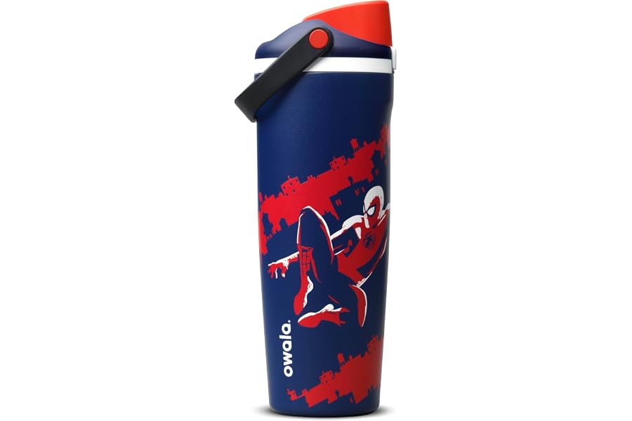 Owala Spiderman FreeSip Sway Insulated Stainless Steel Water Bottle with Two-Way Spout, Built-In Straw and Bucket Handle, School, and Sports, 30oz, BPA Free, Leak Proof, Swing of Things