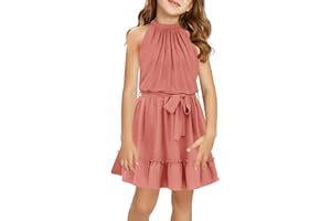 Newffr Girl's Halter Neck Sleeveless Summer Dress Tie Waist A-line Sundress Mini Swing Pleated Dress for Girls 4-12