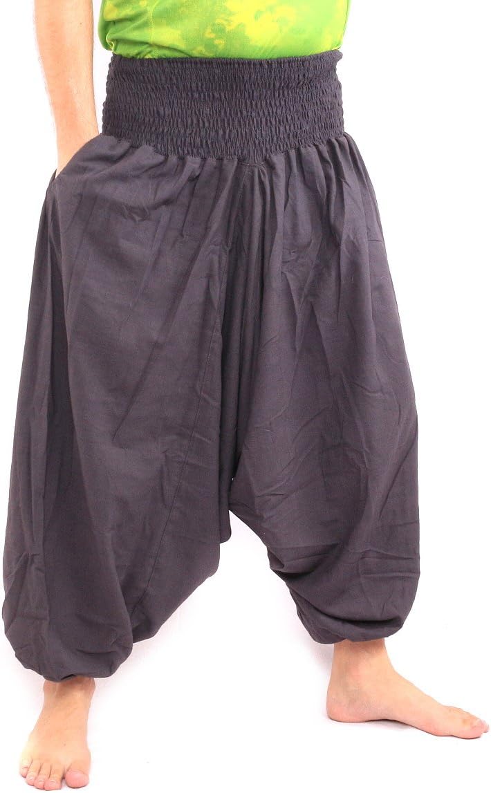 jing shop Harem Aladdin Baggy Pants Smocked Wide Waist Cotton