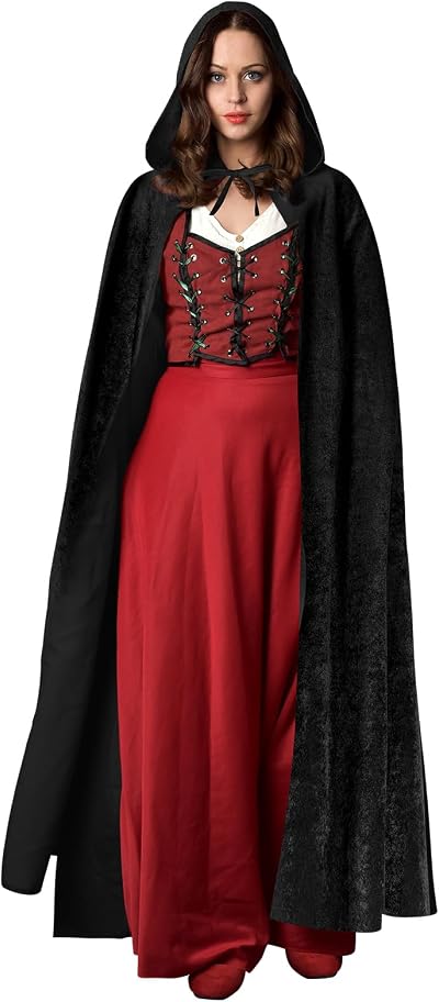 AOOWU Black Hooded Cape 150cm Halloween Witch Vampire Cosplay Costume