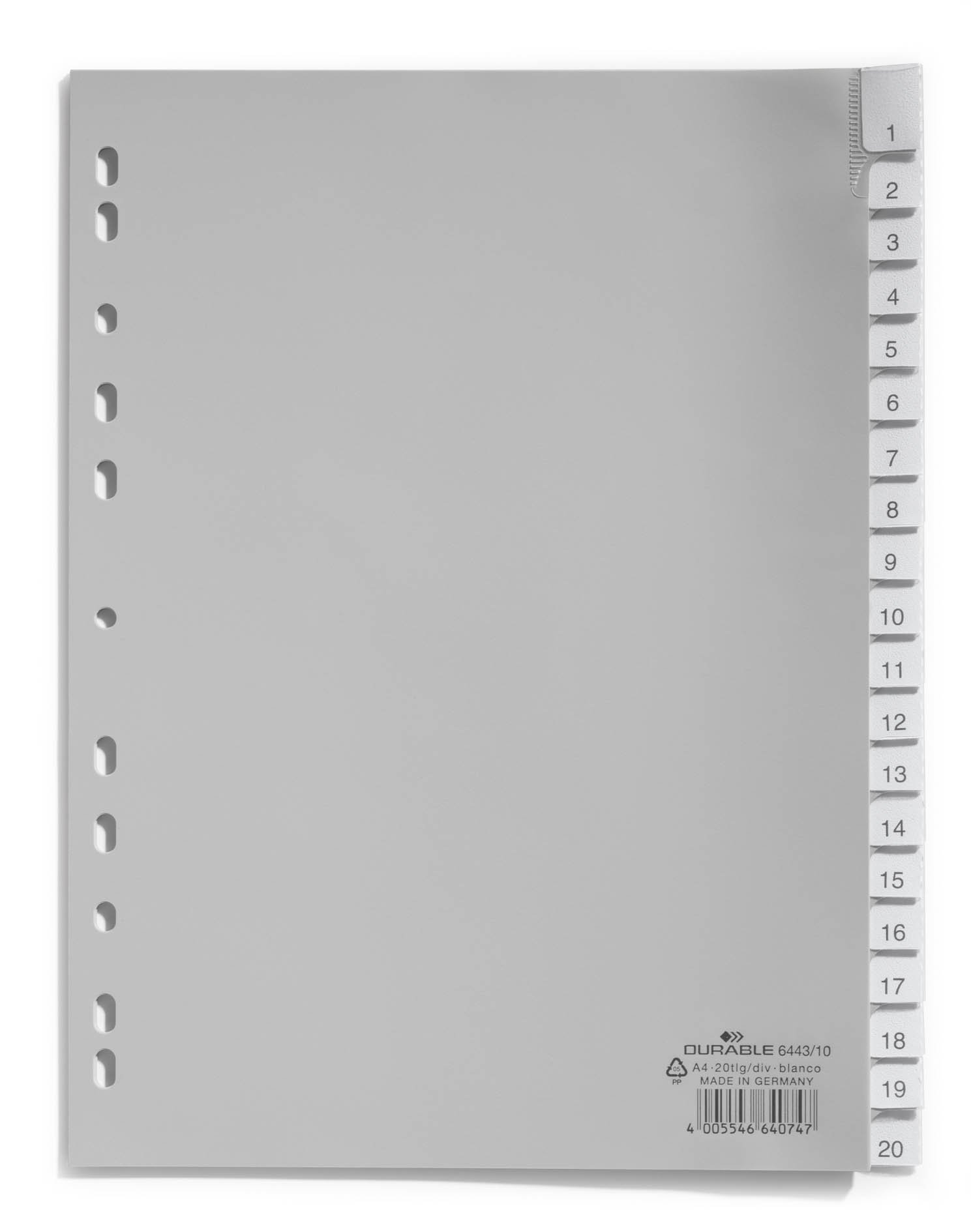 Durable 644310 A4 Portrait Polypropylene A-Z Index File with Sealed Tabs and 20 Insert Labels - Grey
