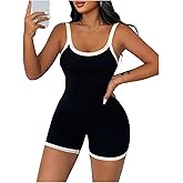 WDIRARA Women's Contrast Trim Workout Romper Tummy Control Scrunch Shorts Yoga Unitard