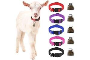 GINDOOR 5 Pack Goat Collars with Bells, Horse Sheep Grazing Copper Bells and Adjustable Nylon Collar Set Pet Anti-Lost Loud Bronze Bell for Small Farm Animal Sheep Goat Cow Accessories