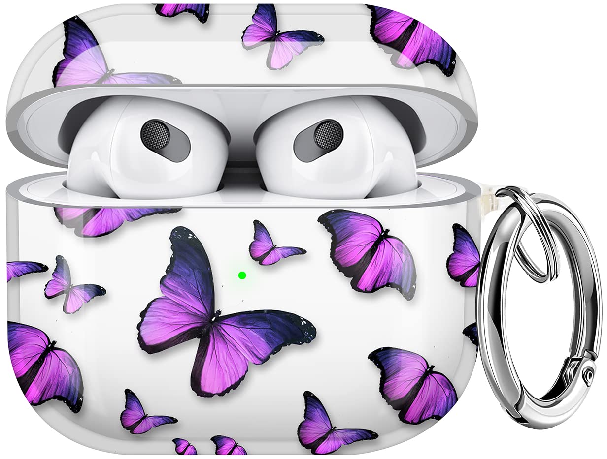 Photo 1 of Maxjoy for AirPods 3 Case, Clear AirPod 3rd Generation Case for Women Men Cute Soft Protective AirPods 3 Cover with Keychain for AirPod 3rd Generation Charging Cover 2021, Butterfly Purple
