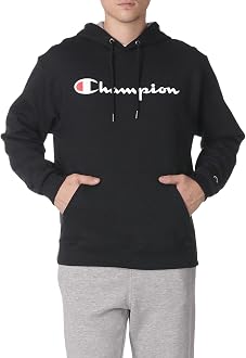 Champion Men's Powerblend Pullover Hoodie, Script Logo Black