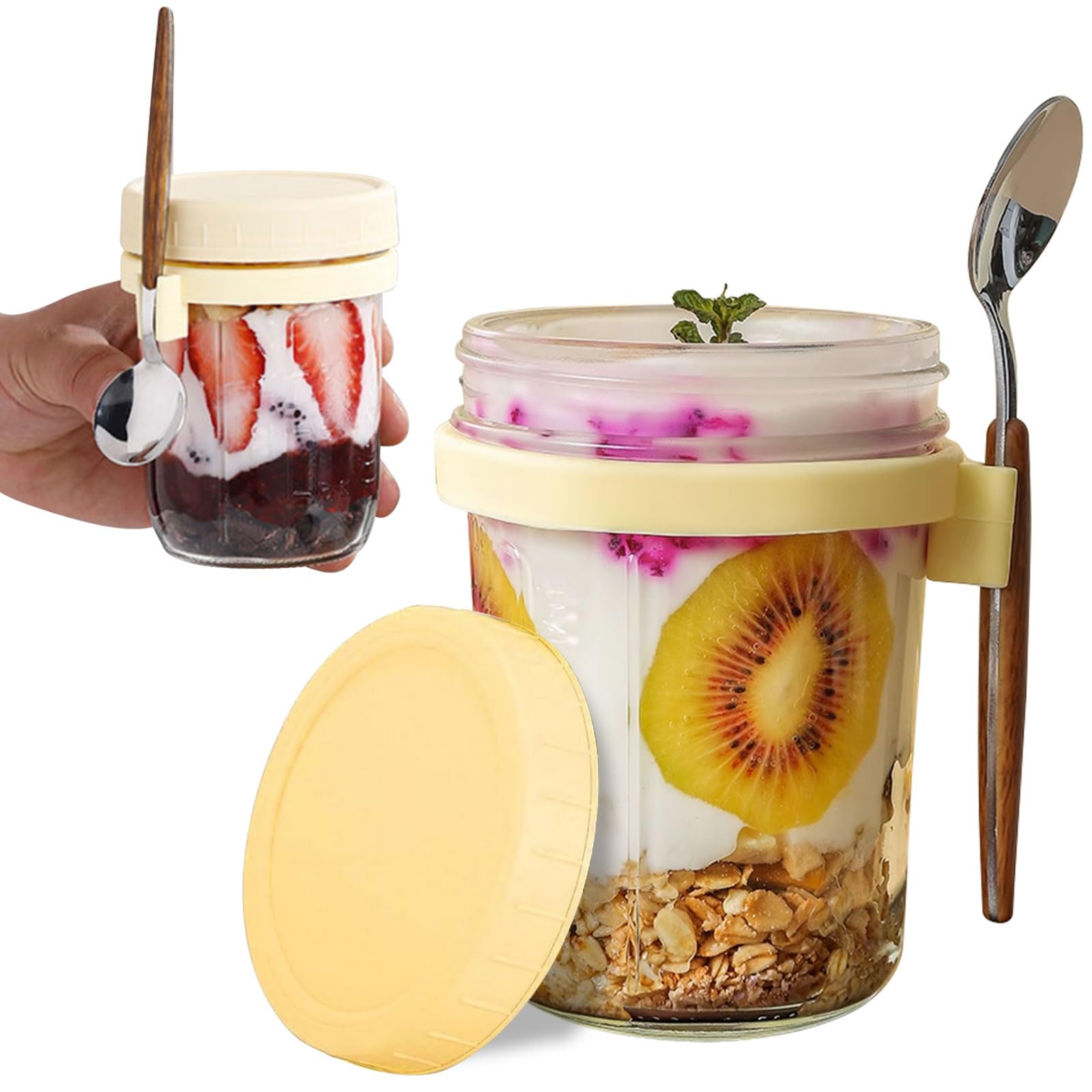 Jogoico Overnight Oats Jars 2pcs Overnight Oats Containers with Lid & Spoon, 12 oz Large Capacity Airtight Jars with Measurement Mark, Glass Mason Jars for Oatmeal Cereal Milk Fruit - Yellow