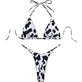WDIRARA Women's 2 Pieces Cow Print Bikini Set Halter Swimsuit High Cut Bathing Suit