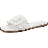 Rihero Women's Raffia Flat Sandals Square Open Toe Summer Beach Slip On Woven Buckle Slide Sandals
