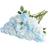 Zestique Ice Blue Artificial Roses Fake Flowers Not Bend The Peduncle with Stems for DIY Wedding Bouquets Bridal Shower Centerpieces Arrangements Tables Decorations 12pcs