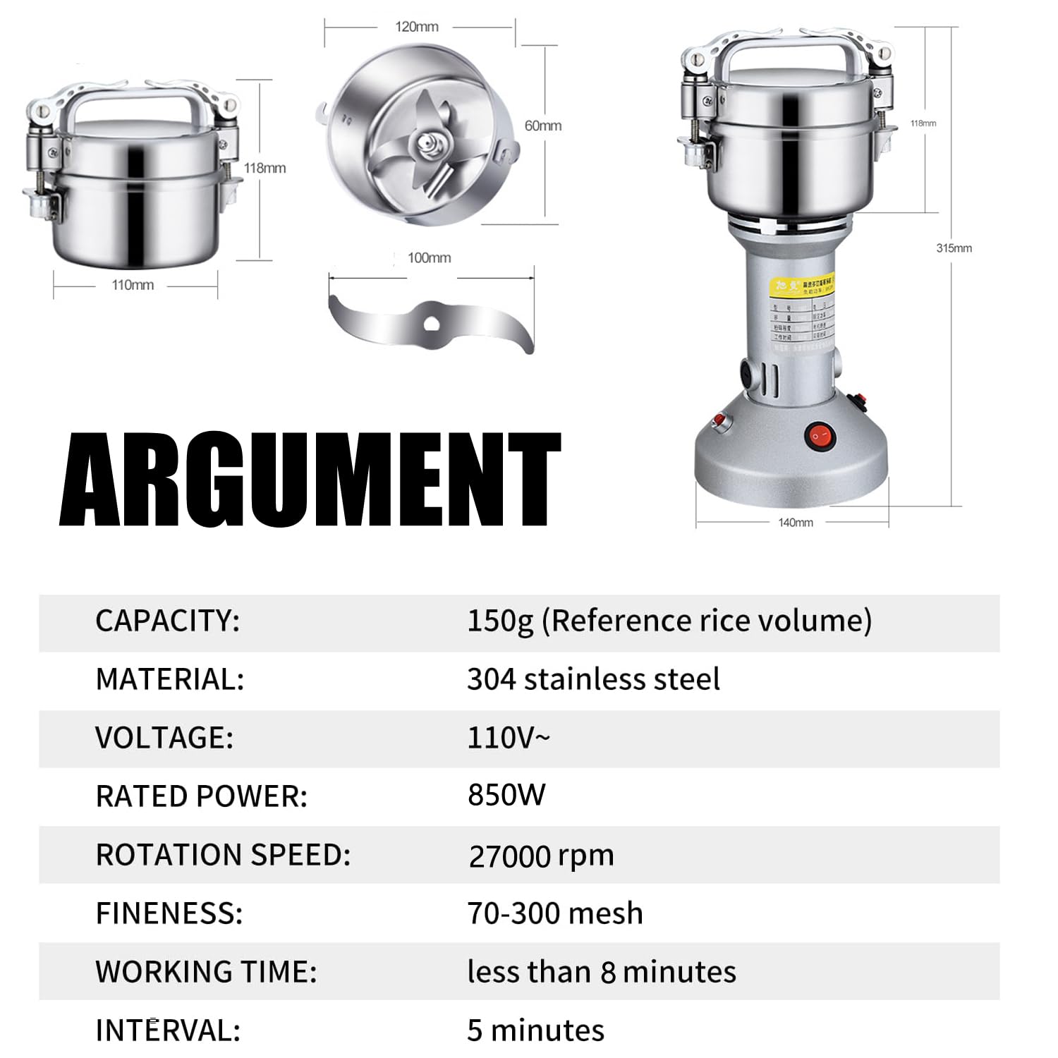 Stainless Steel Grain Mill - Electric 850W High-speed Grinder for Corn, Wheat, Pepper, Coffee Bean