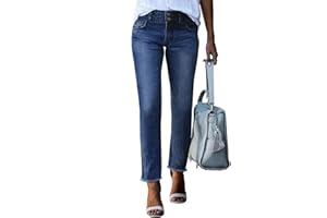 Sidefeel Women's High Waisted Jeans Strechy Fashion Raw Hem Straight Leg Ankle Denim Pants with Pockets
