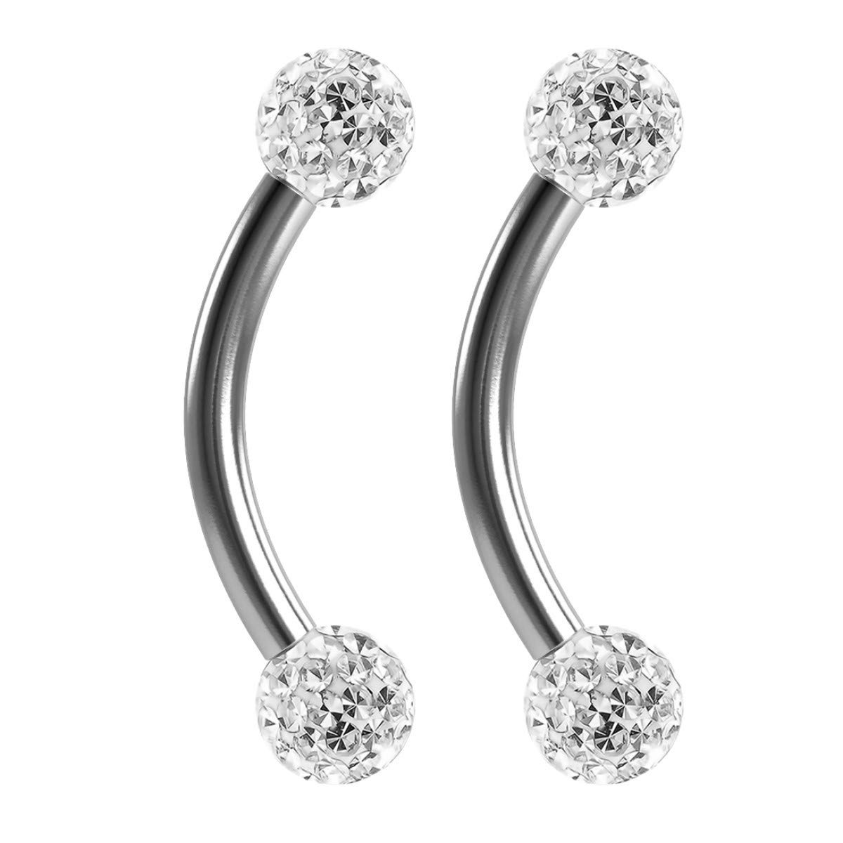 Evonix2pc 16g 1.2mm Curved J-Curve Barbell Crystal Nipple Ring Cartilage Bar Rook Daith Eyebrow Helix Ferido CZ Gems (choose Crystal, Length)
