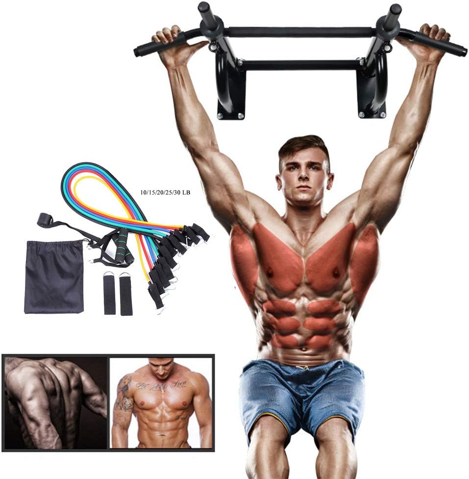 DAGUO Pull Up Bar Wall Mounted Strength Training Pull-Up Bars, Exercise Horizontal Bar Fitness Equipment, Dip Station and Exercise Resistance Band Set