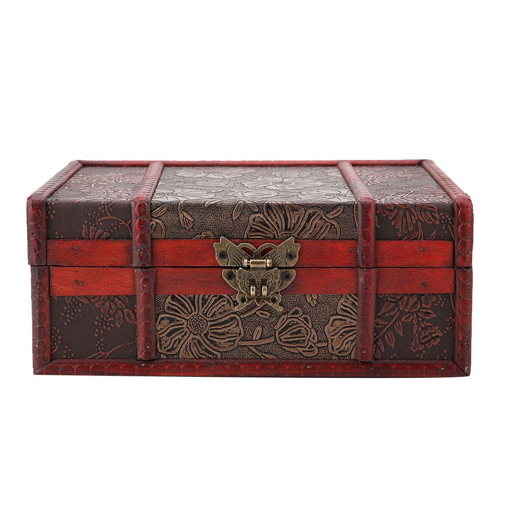 Dioche Vintage Wooden Storage Box - Retro Book and Jewelry Organizer Decorative Treasure Chest With Lock - Small Lotus Design