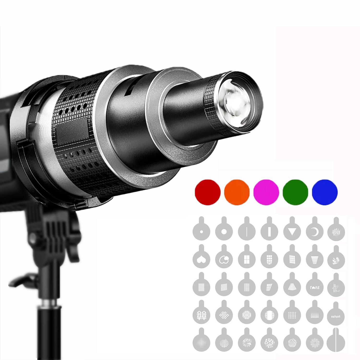 BEIYANG Bowens Mount Snoot Kit – Mit 4 Farbfiltern & 20 Gobos, Für Blitz & Dauerlicht