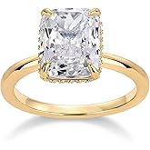 PAVOI 14K Gold Plated 3.5CT Square Radiant Cubic Zirconia Engagement and Promise Ring for Women - Hidden Halo Ring